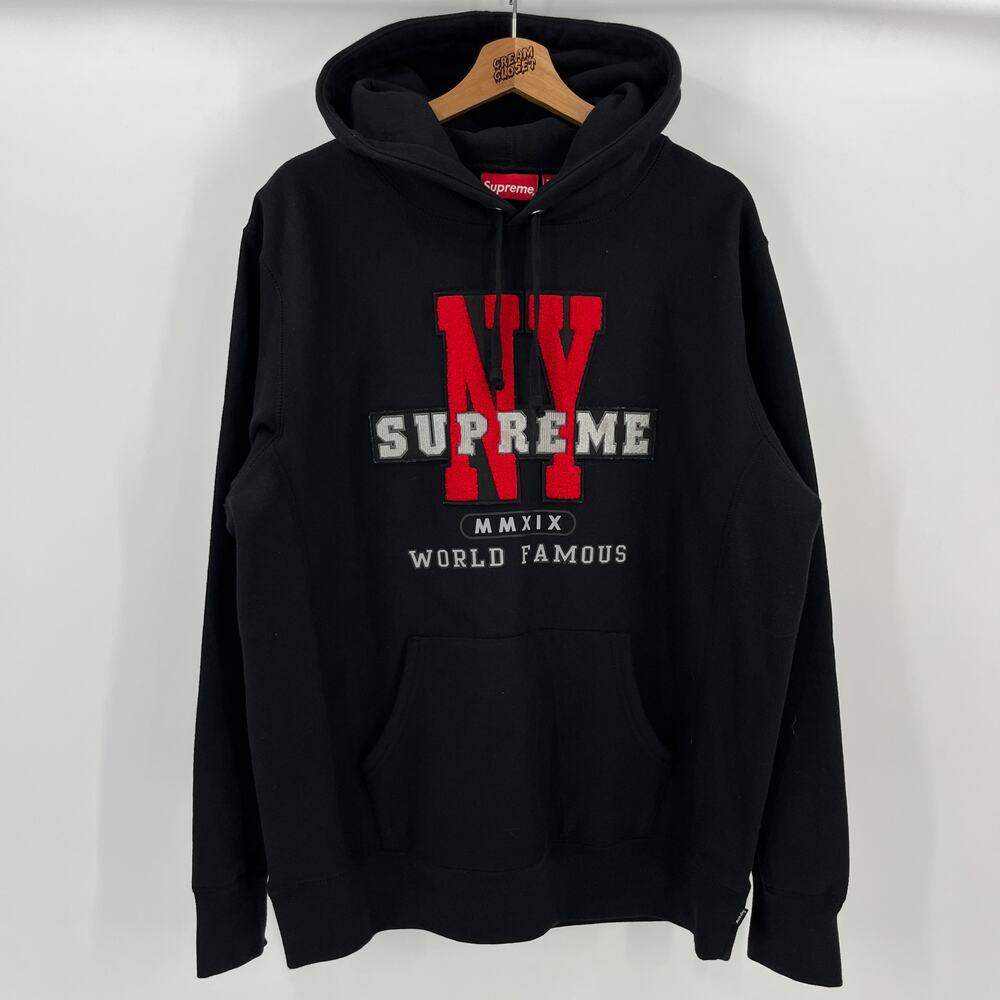 FW19 2019 Supreme NYC Chenille NY Hooded Sweatshirt Hoodie in Black L